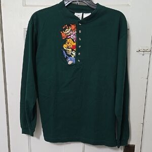 Vintage Disney Hunter Green Henley Sz Medium Pooh Tigger Piglet Eeyore Rabbit LS
